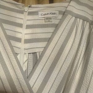 Calvin Klein Gray and White Striped V-Neck Dress